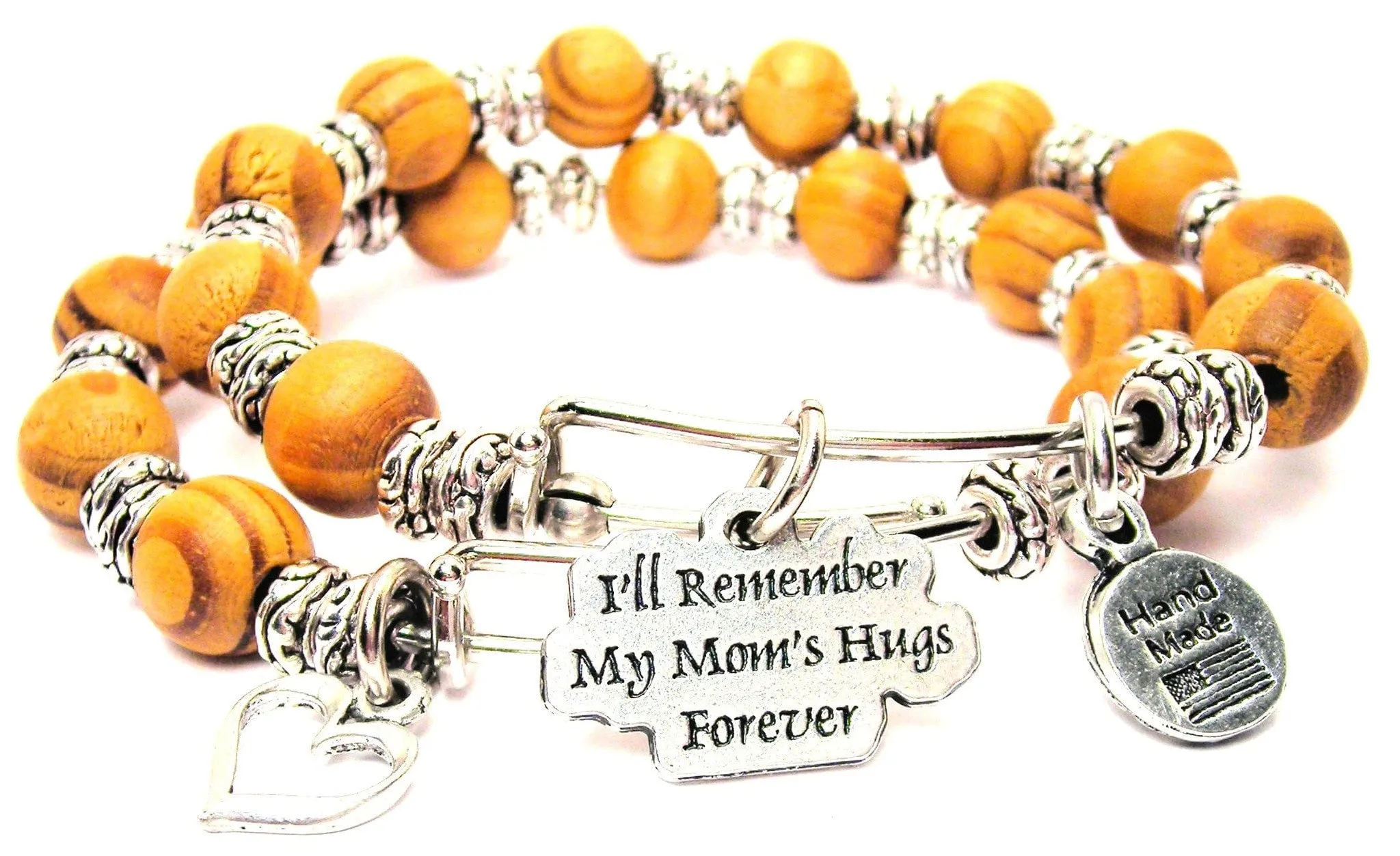 I'll Remember My Moms Hugs Forever Natural Wood Double Bangle Set