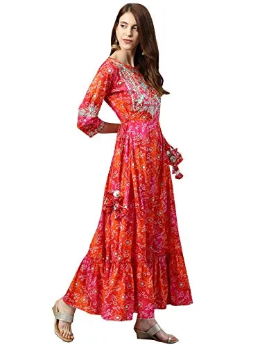 ishin Women's Viscose Rayon Anarkali Embellished Kurta Kpram-6072_XL_Red & Orange