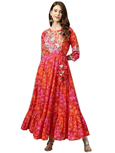 ishin Women's Viscose Rayon Anarkali Embellished Kurta Kpram-6072_XL_Red & Orange