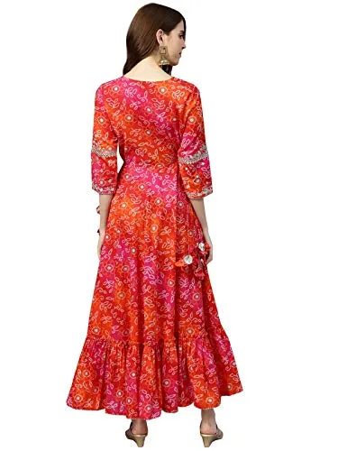 ishin Women's Viscose Rayon Anarkali Embellished Kurta Kpram-6072_XL_Red & Orange