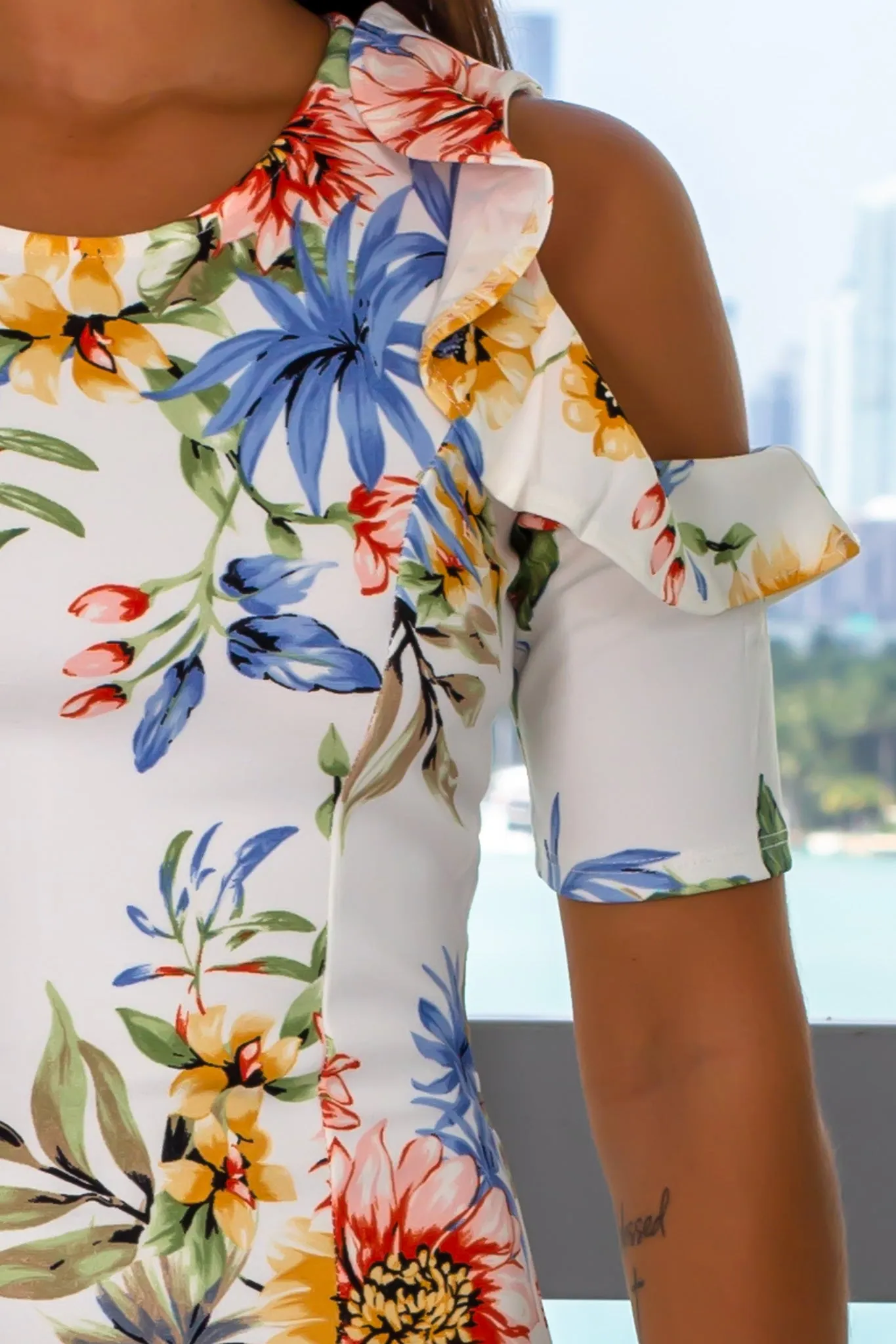 Ivory Floral Open Shoulder Short Dress