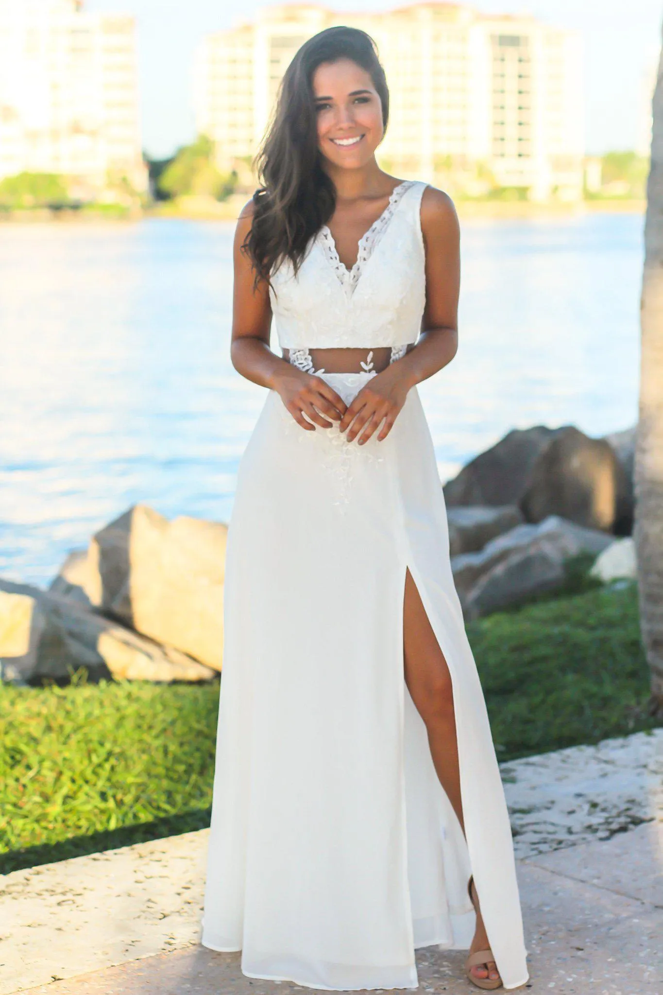 Ivory Maxi Dress with Mesh and Embroidered Detail