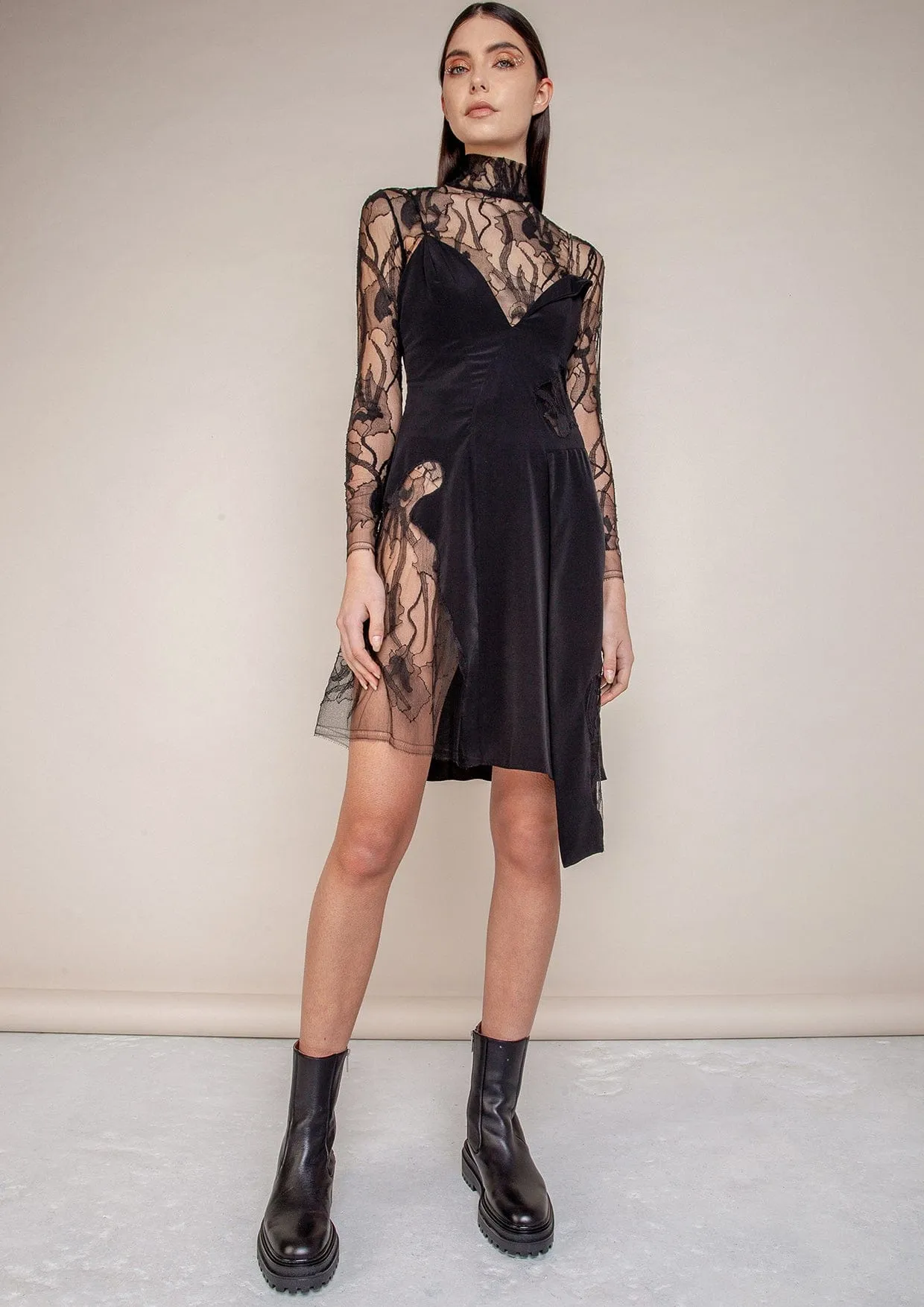 Jasmine Asymmetric French Lace Cut-Out Dress