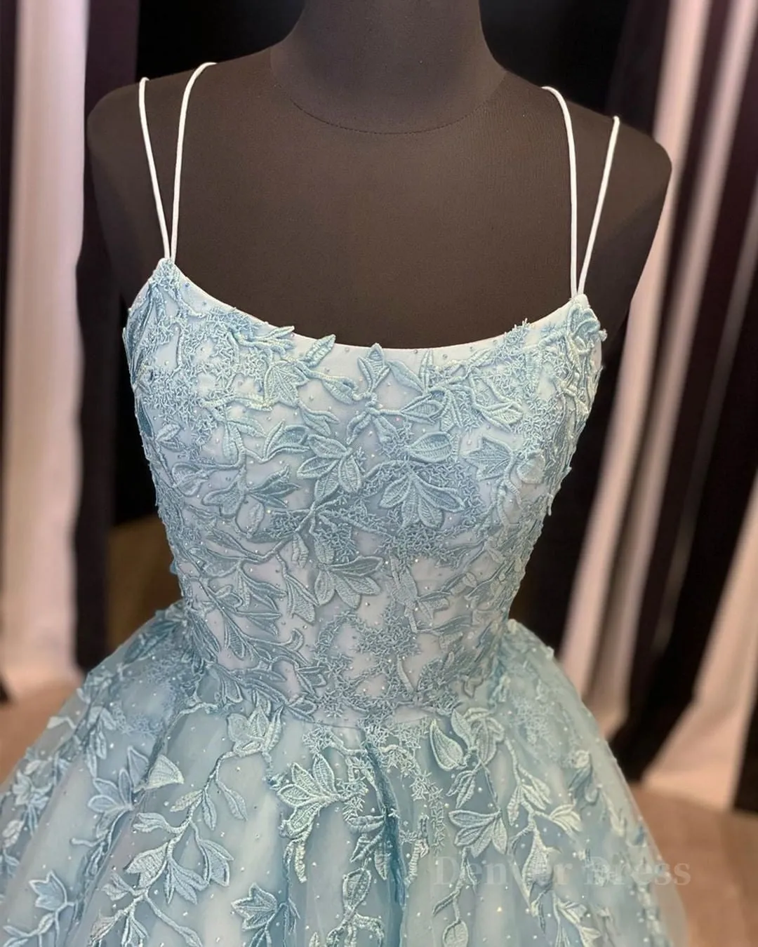 kamahe A Line Backless Lace Long Sky Blue Prom Dress, Backless Sky Blue Lace Formal Dress, Sky Blue Evening Dress