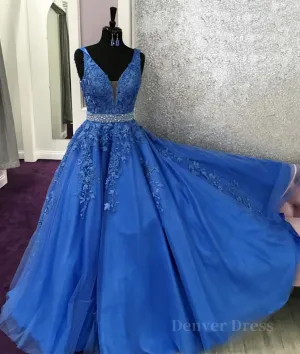 kamahe Blue lace tulle long prom dress, blue tulle lace evening dress