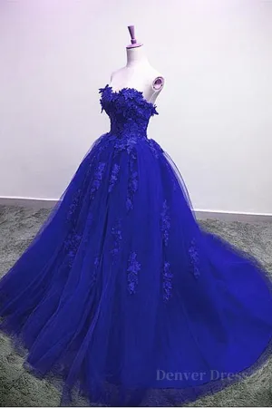 kamahe Gorgeous Blue Lace Floral Long Prom Dress, Blue Appliques Formal Evening Dress, Blue Ball Gown