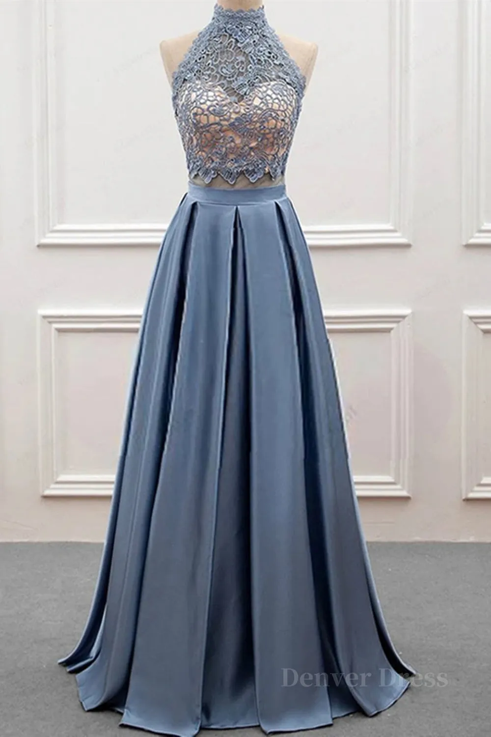 kamahe High Neck Two Pieces Blue Lace Long Prom Dress, 2 Pieces Blue Lace Formal Dress, Blue Evening Dress