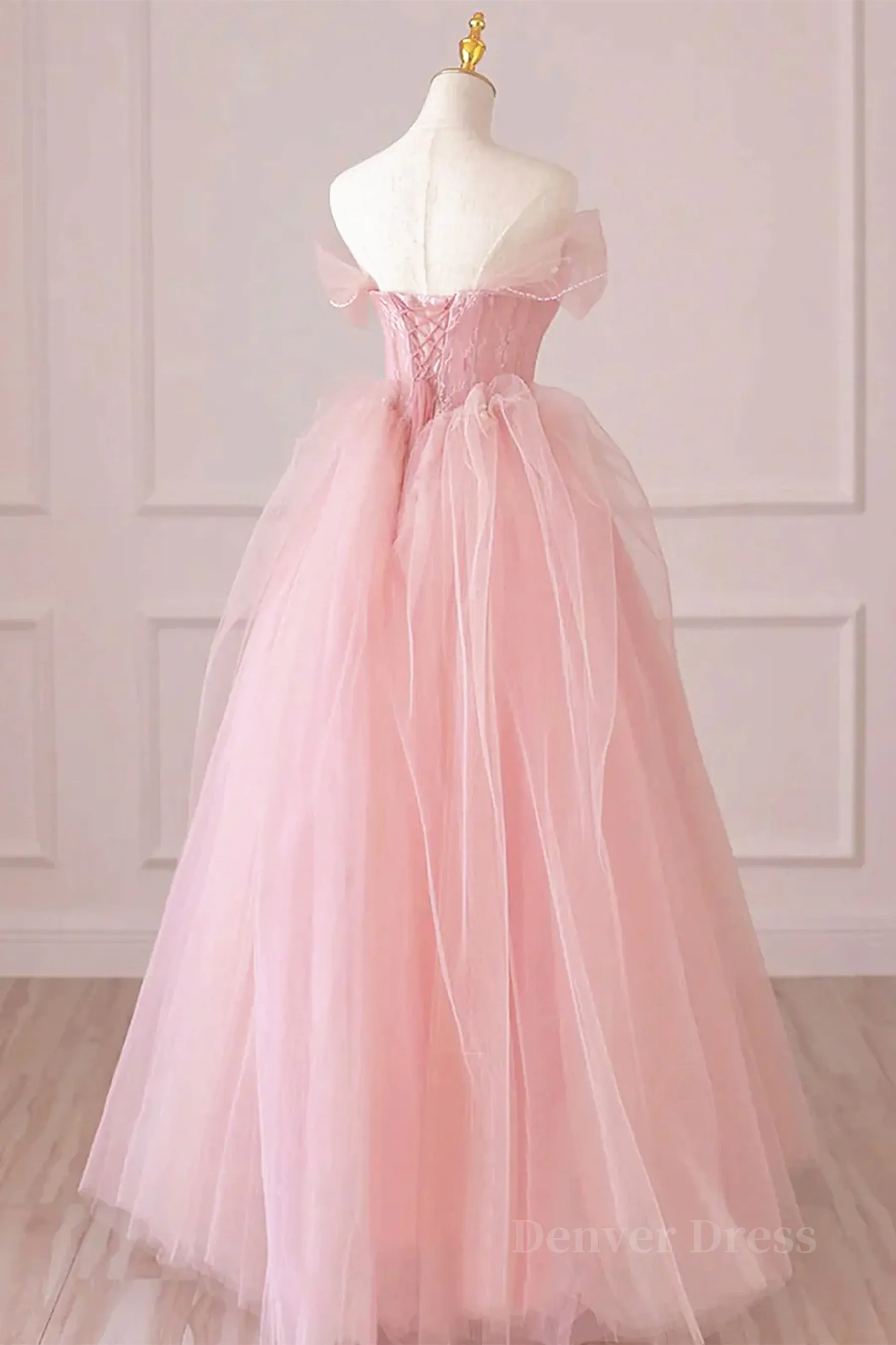 kamahe Off the Shoulder Pink Tulle Prom Dresses, Pink Tulle Long Formal Graduation Dresses