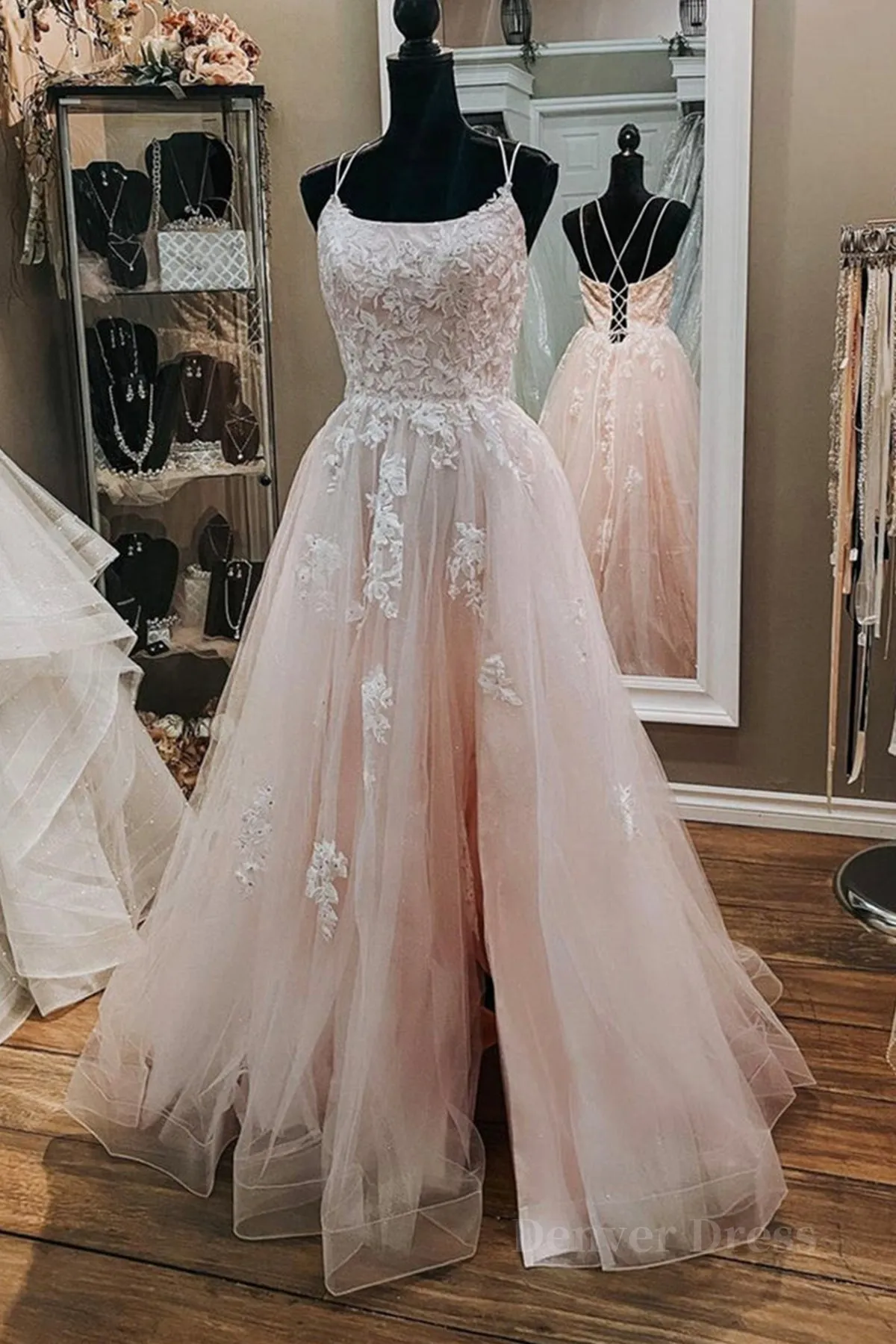 kamahe Pink Lace Appliques A Line Open Back Tulle Long Prom Dresses, Pink Lace Formal Graduation Evening Dresses