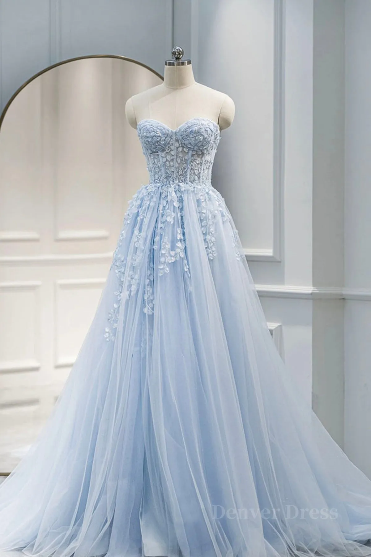 kamahe Sweetheart Neck Light Blue Lace Tulle Long Prom Dress, Light Blue Lace Formal Graduation Evening Dress