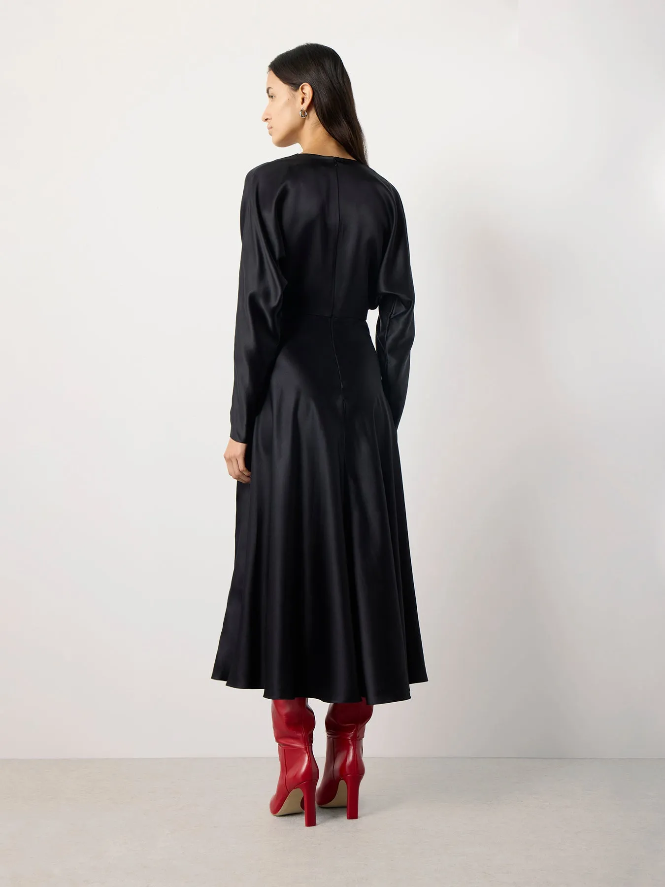 Knot Silk Dress with Ruffles in Black