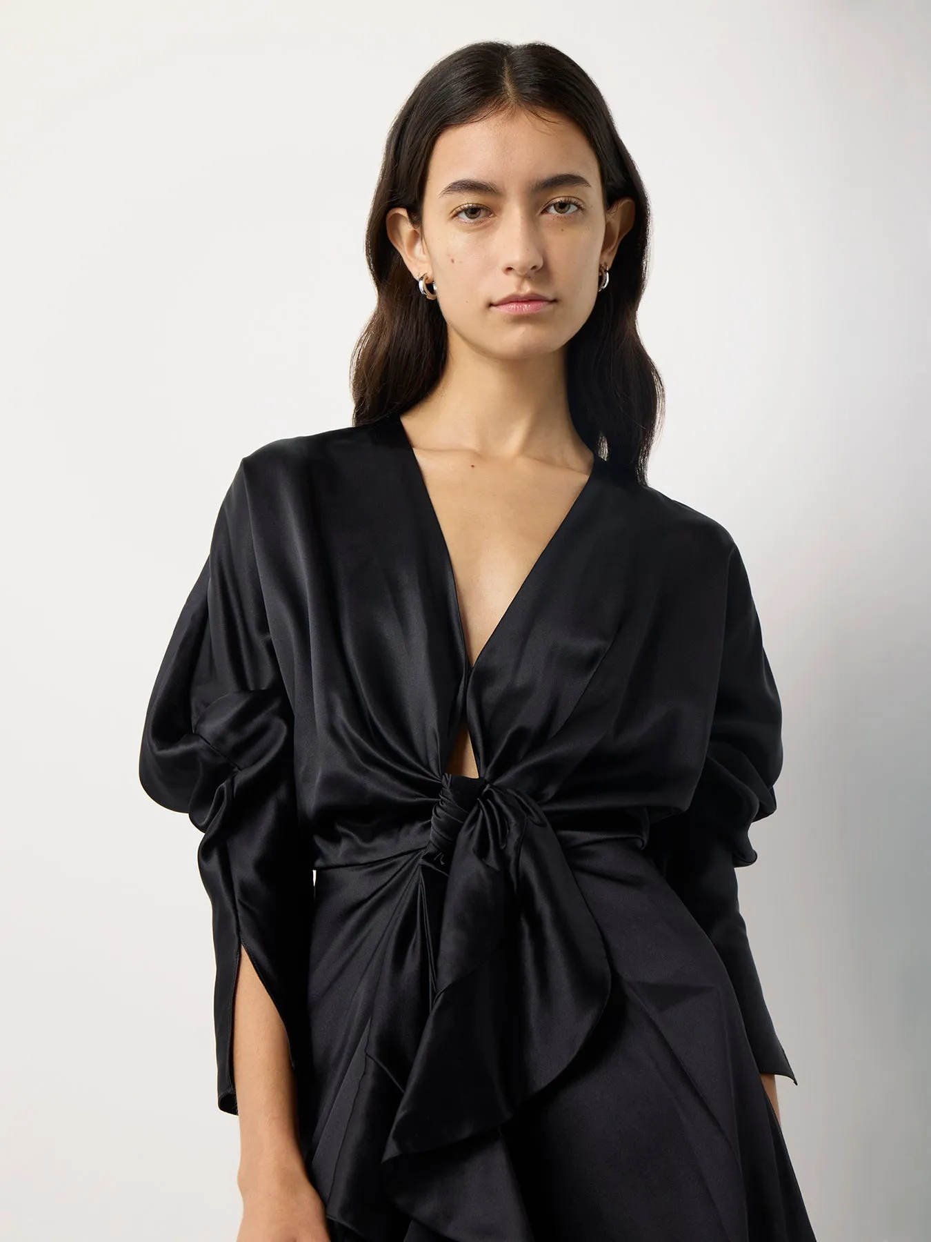 Knot Silk Dress with Ruffles in Black