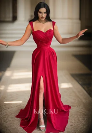 L3091 - Classic & Timeless Straps Sweetheart A-Line Satin Evening Party Prom Dress With Split