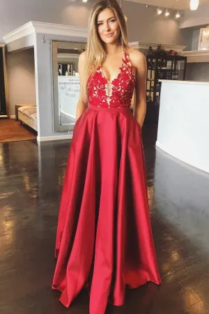 Lace Bodice Halter Red Prom Evening Dresses with Pockets