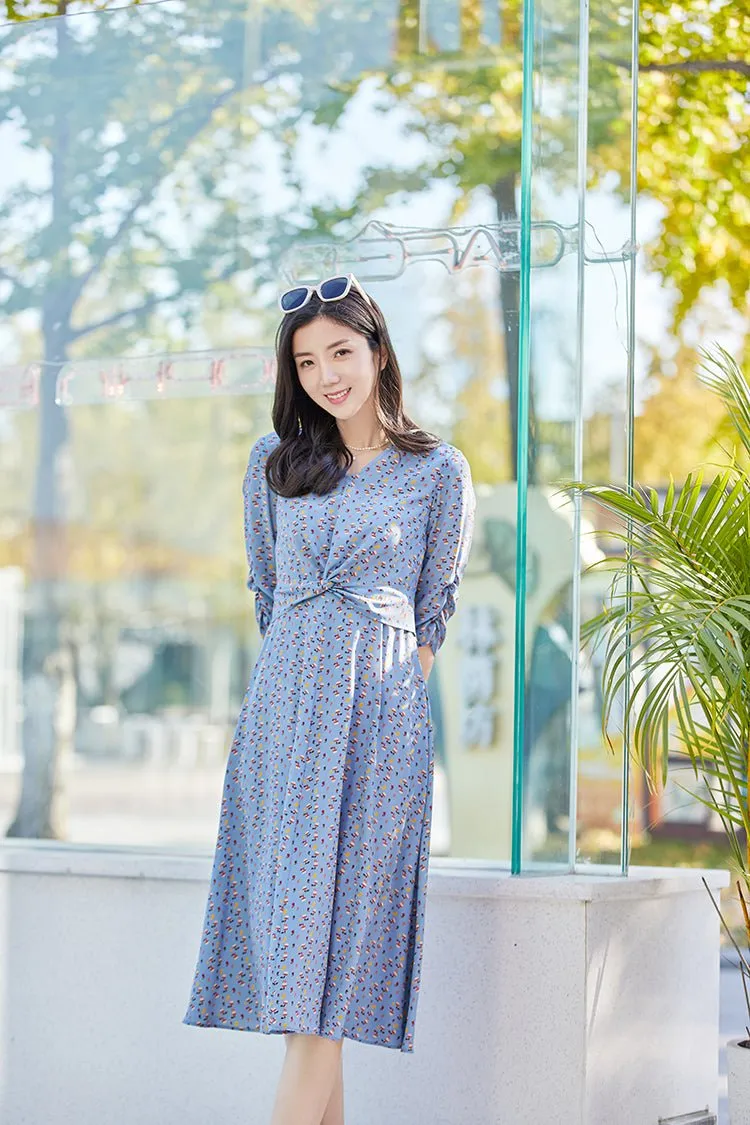 Lake Blue Silk Waist Dress Midi Sleeve