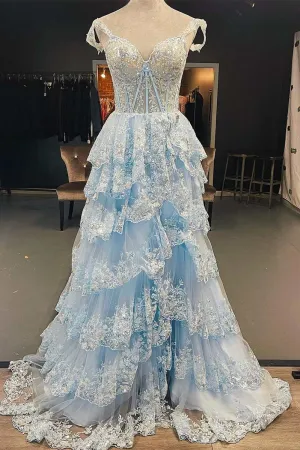 Light Blue Lace Sweetheart Tiered Long Prom Dress with Slit