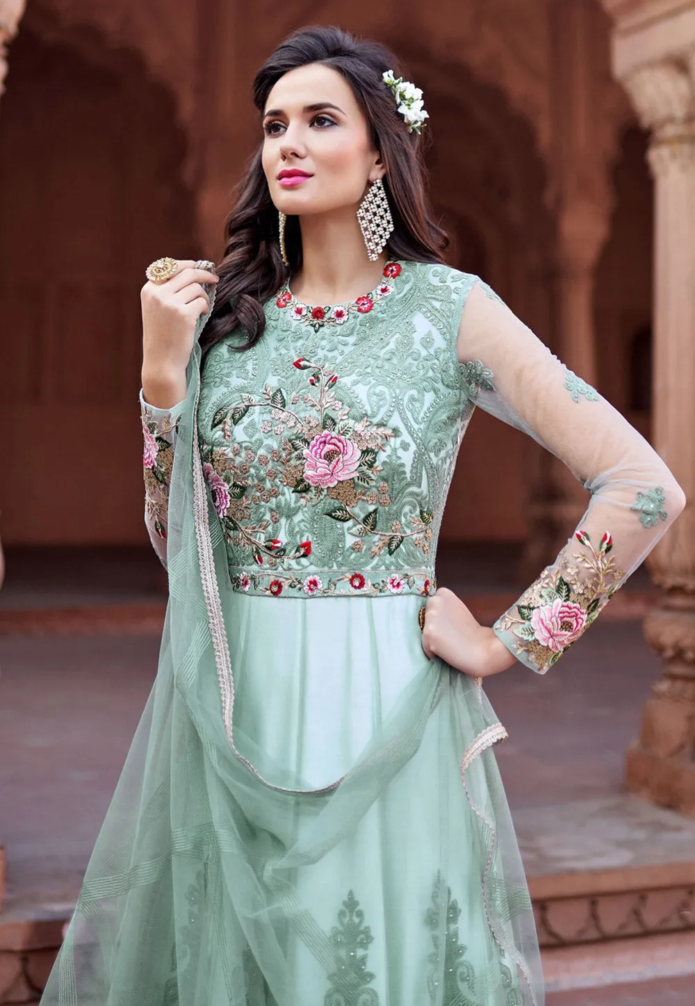 Light Blue Multi Embroidered Net Anarkali Suit