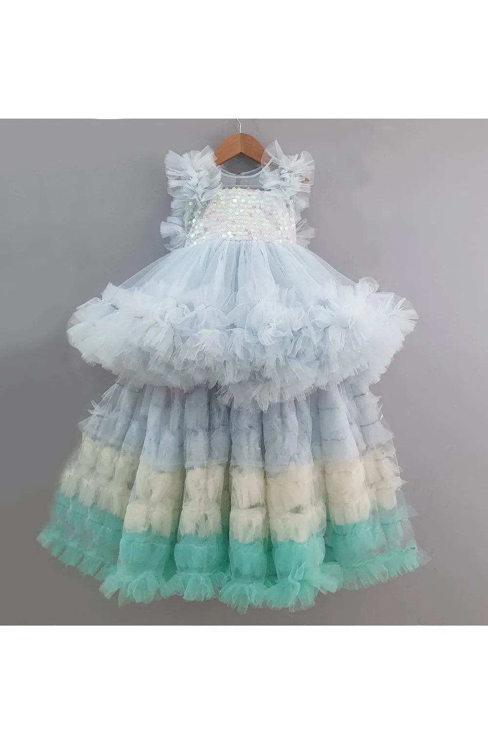 Light pastel blue sequined yoke high low ruffle dress