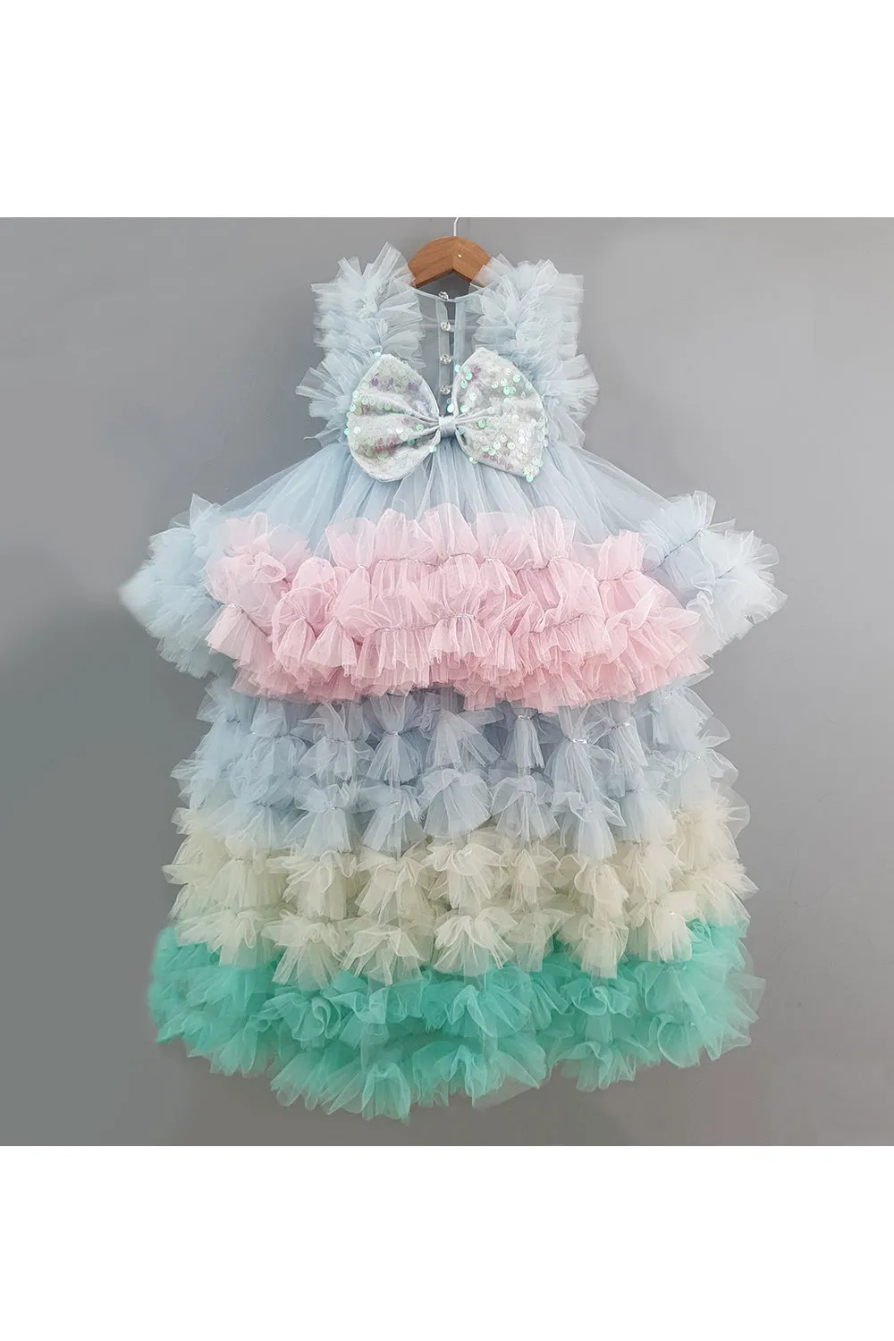 Light pastel blue sequined yoke high low ruffle dress