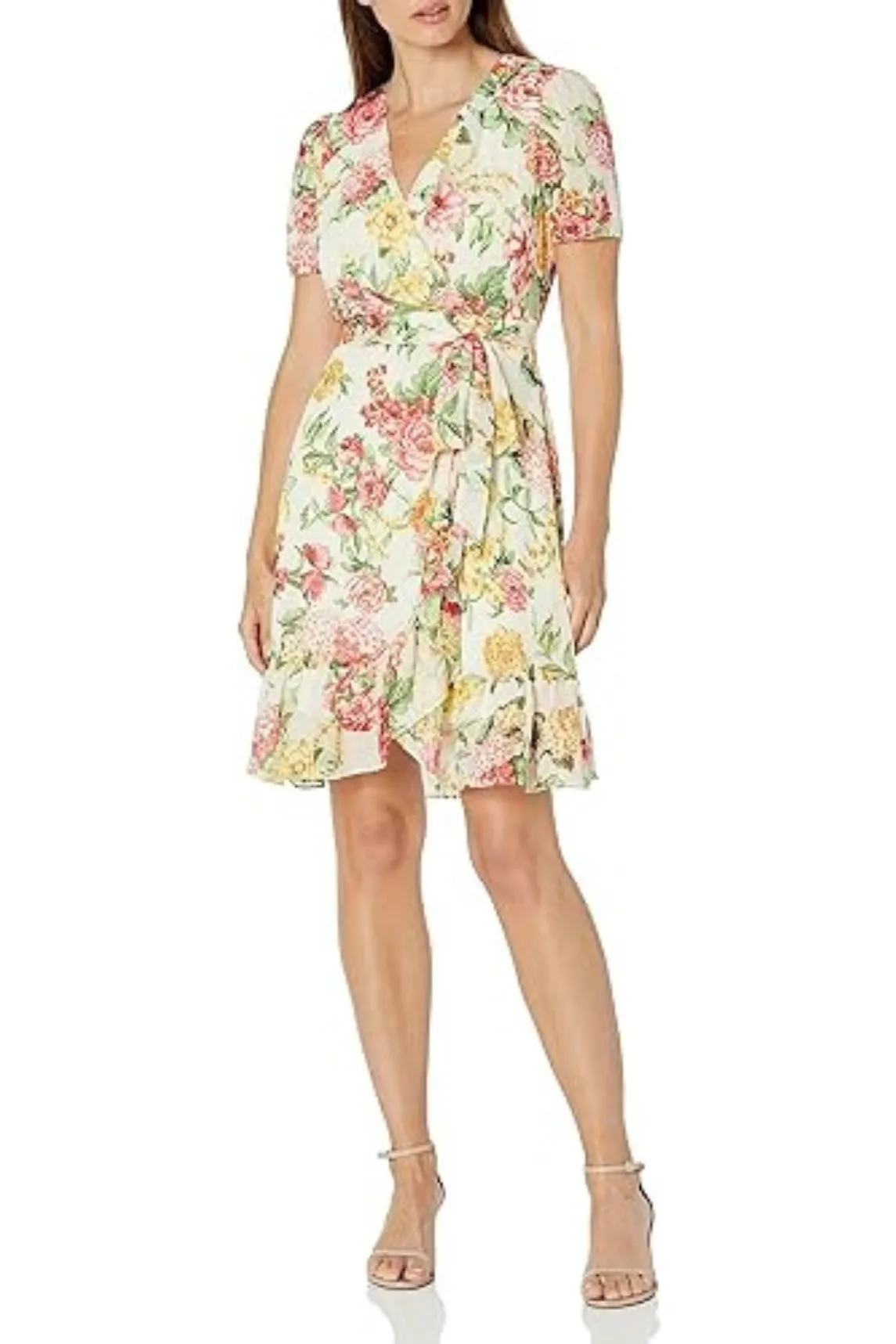 London Times Faux Wrap Chiffon Dress with Ruffle Skirt