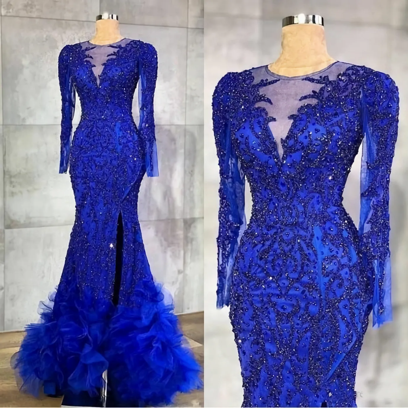 Long Prom Dress Luxury Royal Blue Evening Dresses Beaded Crystals Sheer Neck Mermaid Arabic Aso Ebi Party Gowns