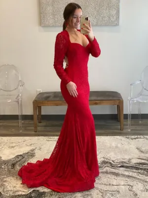 Long Sleeves Mermaid Red Lace Prom Dresses, Long Beaded Red Lace Formal Dresses, Red Evening Dresses         S1379