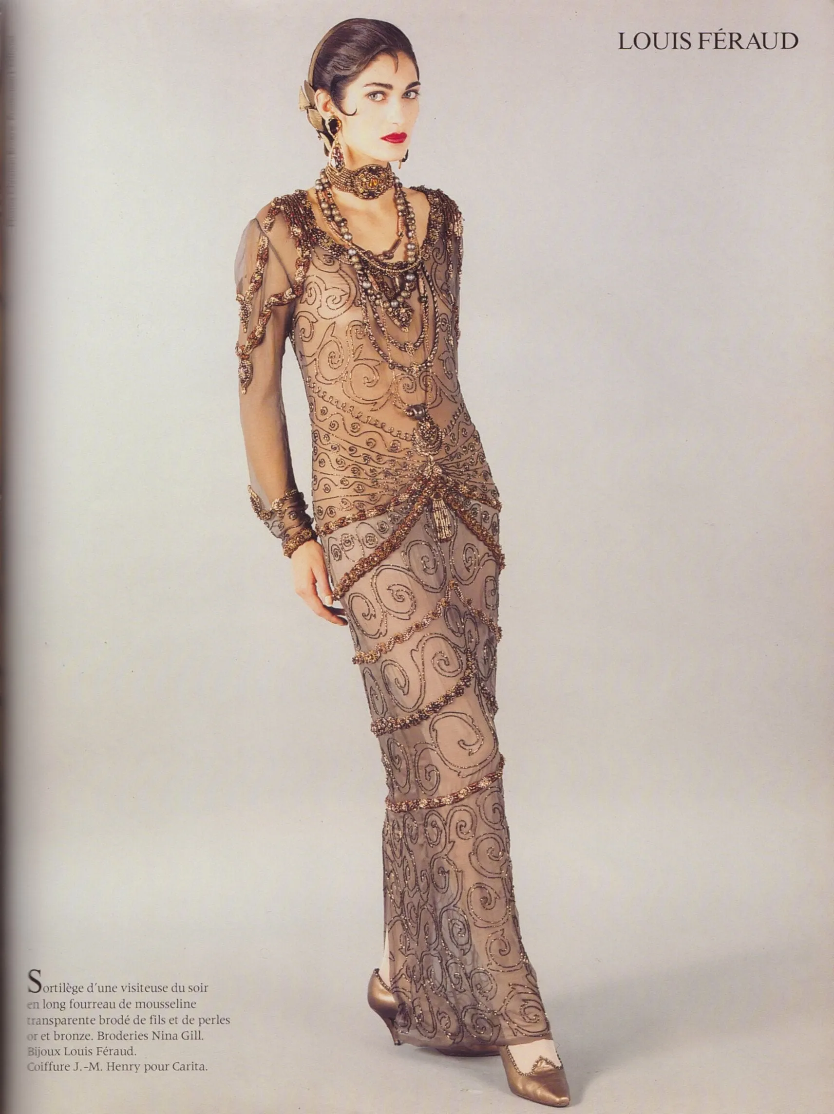 Louis Feraud F/W 1989 Brown Stunning Beaded Chiffon Gown