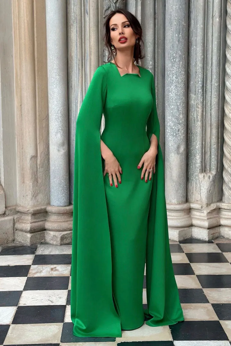 Luxury Notched Crew Neck Cape Sleeve A Line Evening Gown Maxi Dress - Green