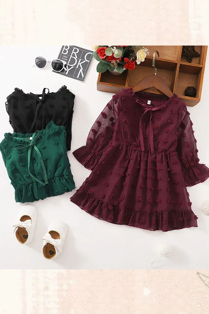 Maacie Baby Girl Dresses Swiss Dot GreenFlared Sleeve Elastic Waist Ruffle Dresses