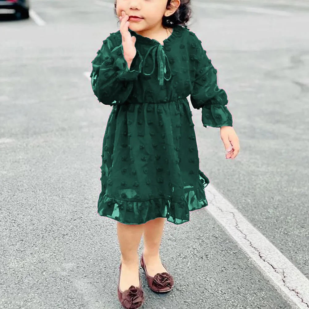 Maacie Baby Girl Dresses Swiss Dot GreenFlared Sleeve Elastic Waist Ruffle Dresses