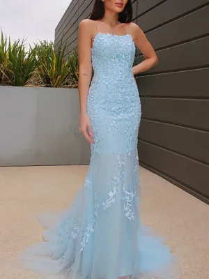 Mermaid Beaded Light Blue Lace Long Prom Dresses with Train, Light Blue Lace Formal Graduation Evening Dresses