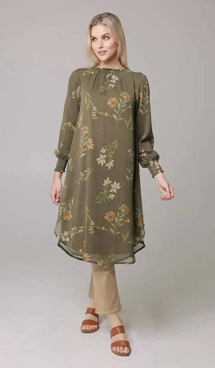 Miral Modest Essential Long Print Chiffon Midi - Olive