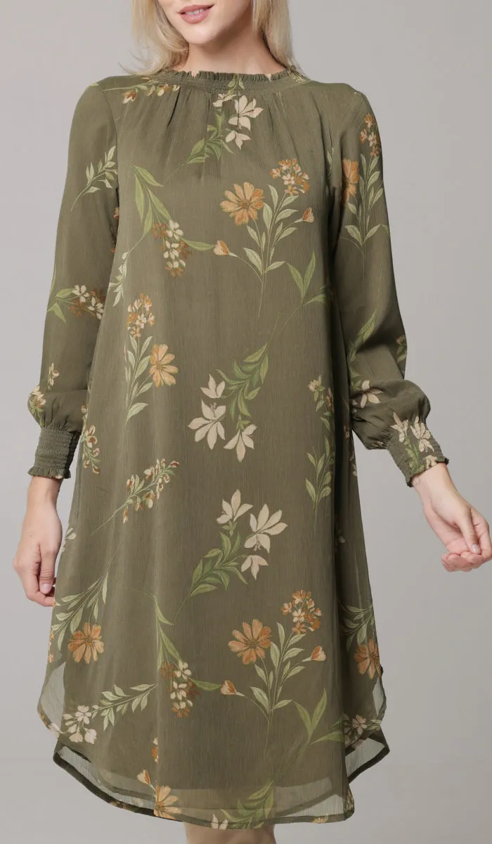 Miral Modest Essential Long Print Chiffon Midi - Olive