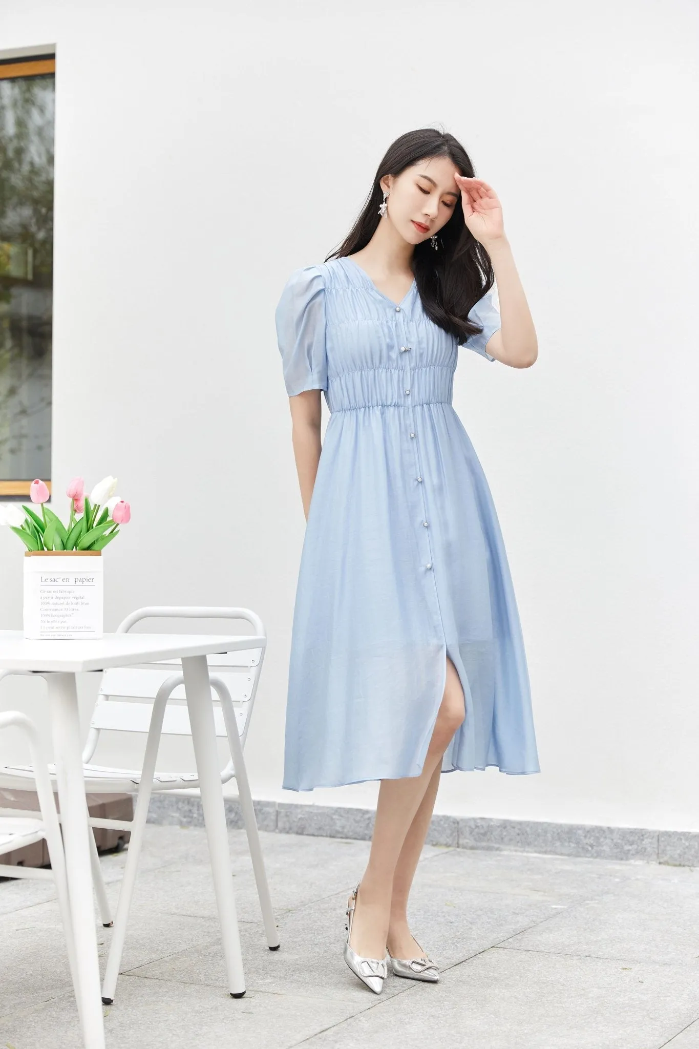 Mist Blue Wrinkle Puff Sleeve Dress