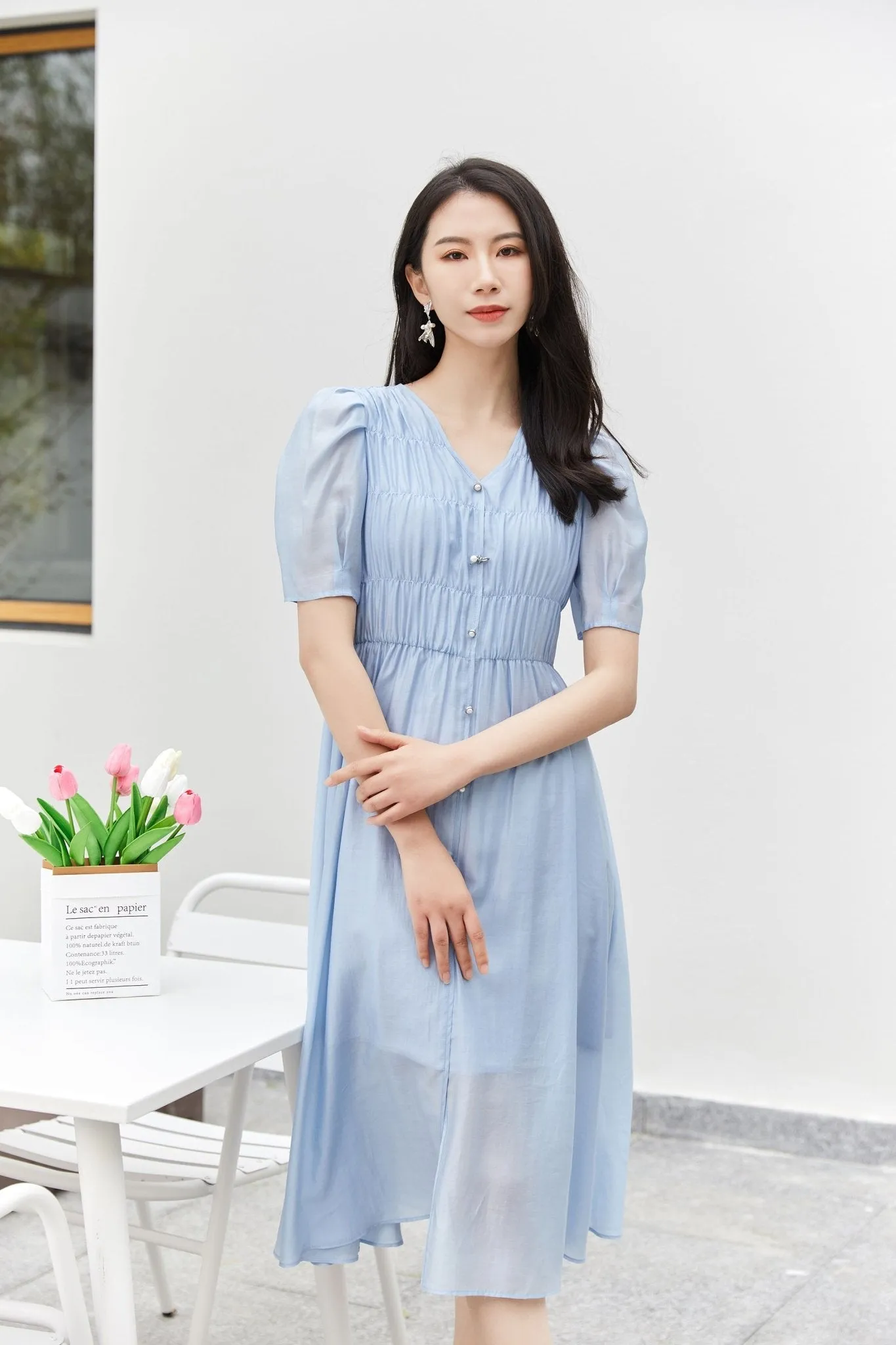 Mist Blue Wrinkle Puff Sleeve Dress