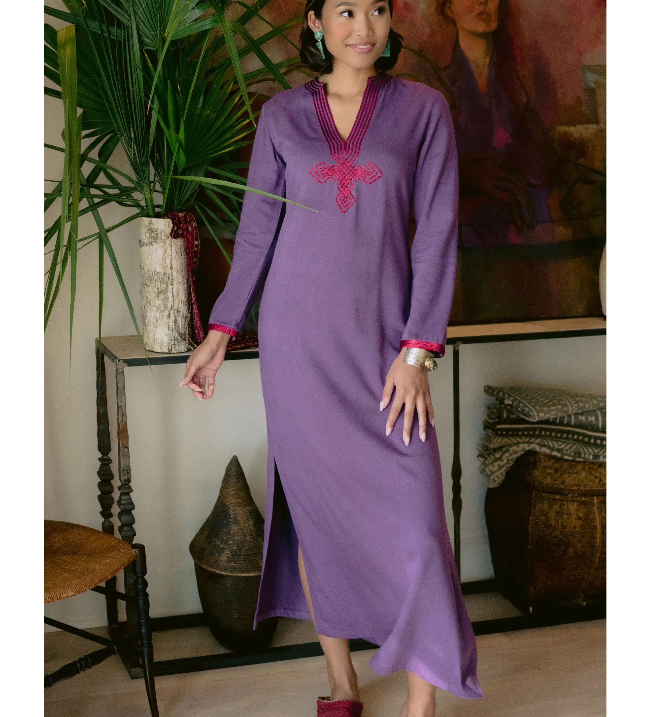 Moroccan V-Neck Slim Fit Dress: Aubergine with Red