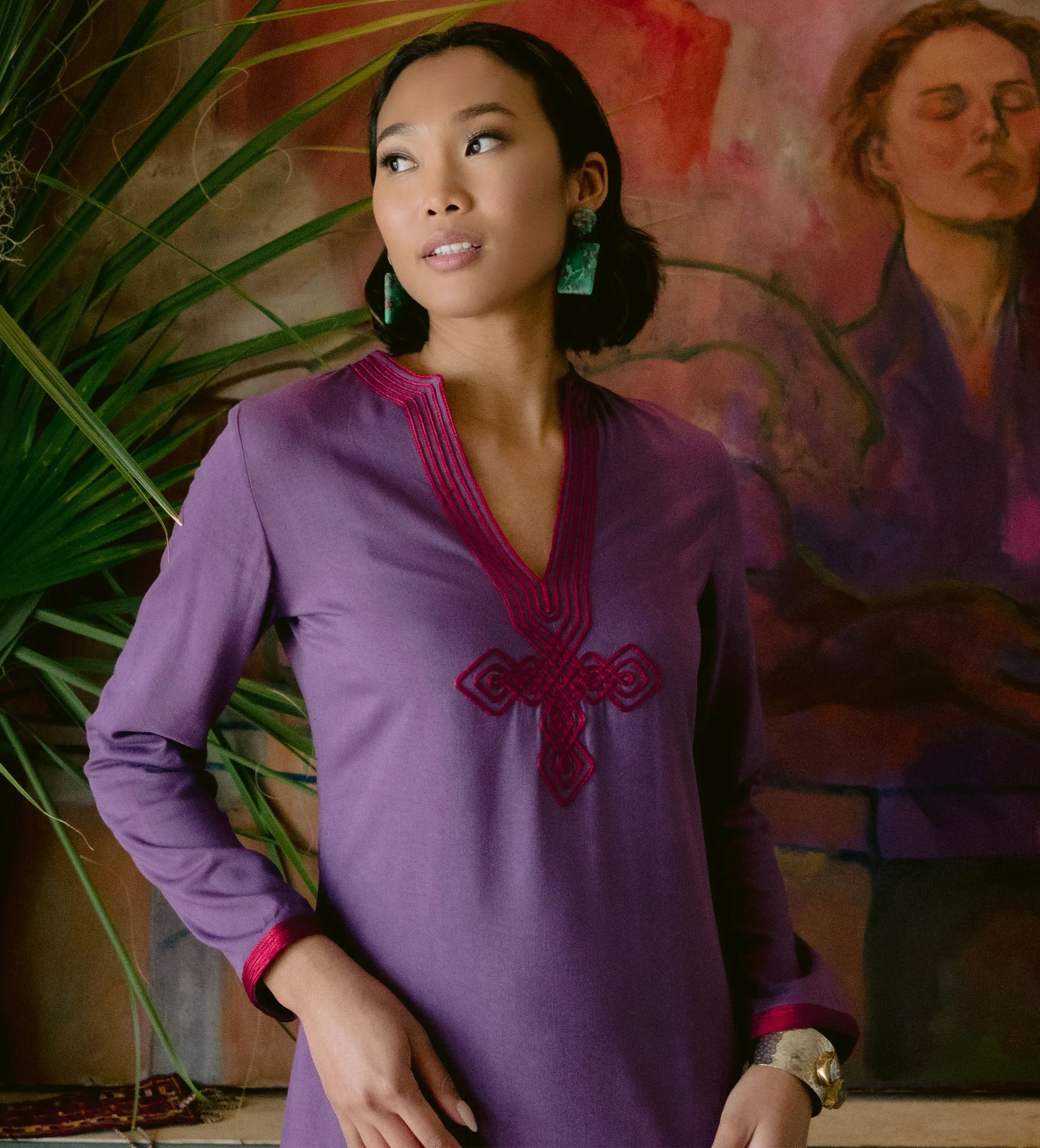 Moroccan V-Neck Slim Fit Dress: Aubergine with Red