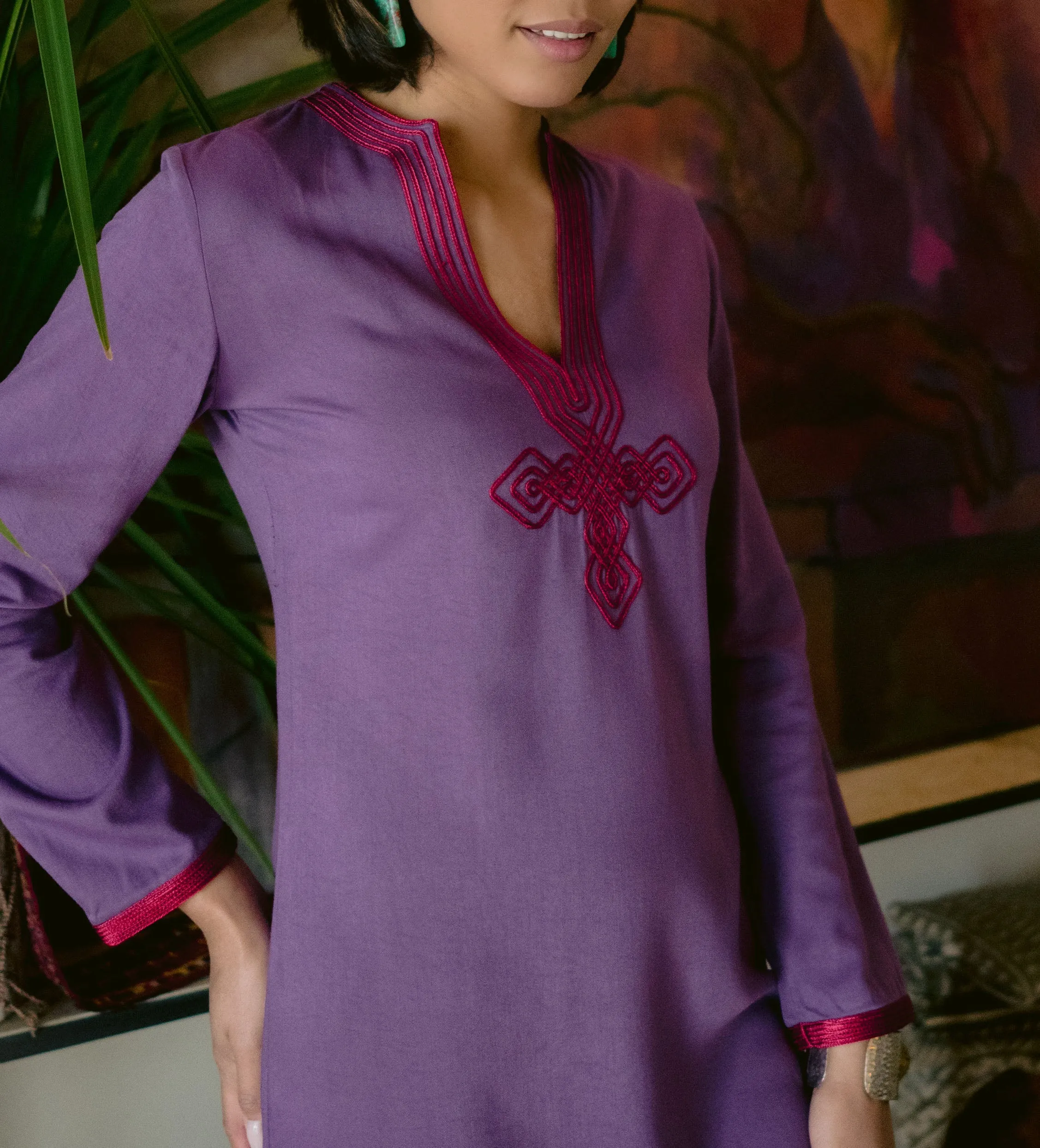 Moroccan V-Neck Slim Fit Dress: Aubergine with Red