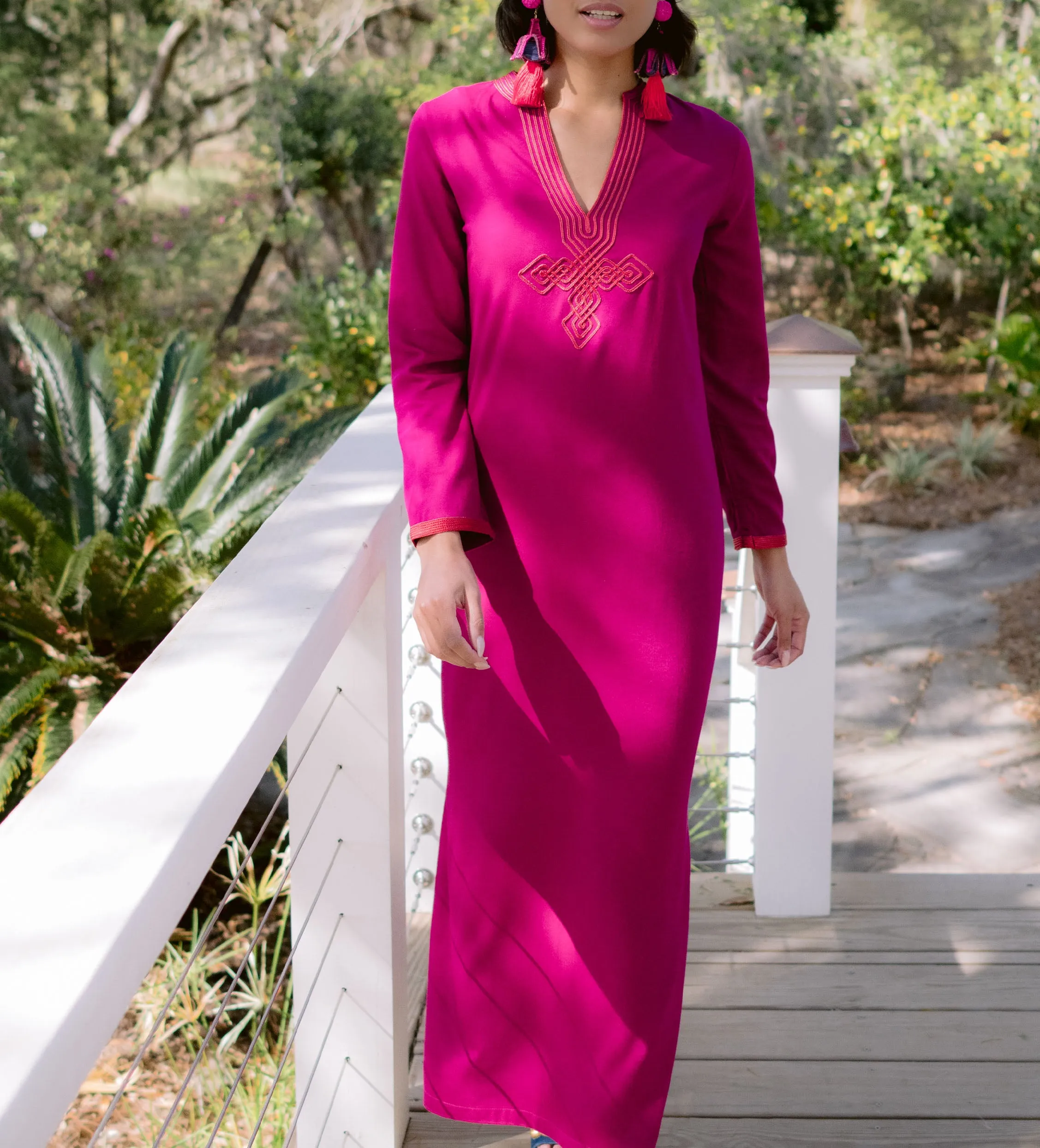 Moroccan V-Neck Slim Fit Dress: Fuchsia with Orange