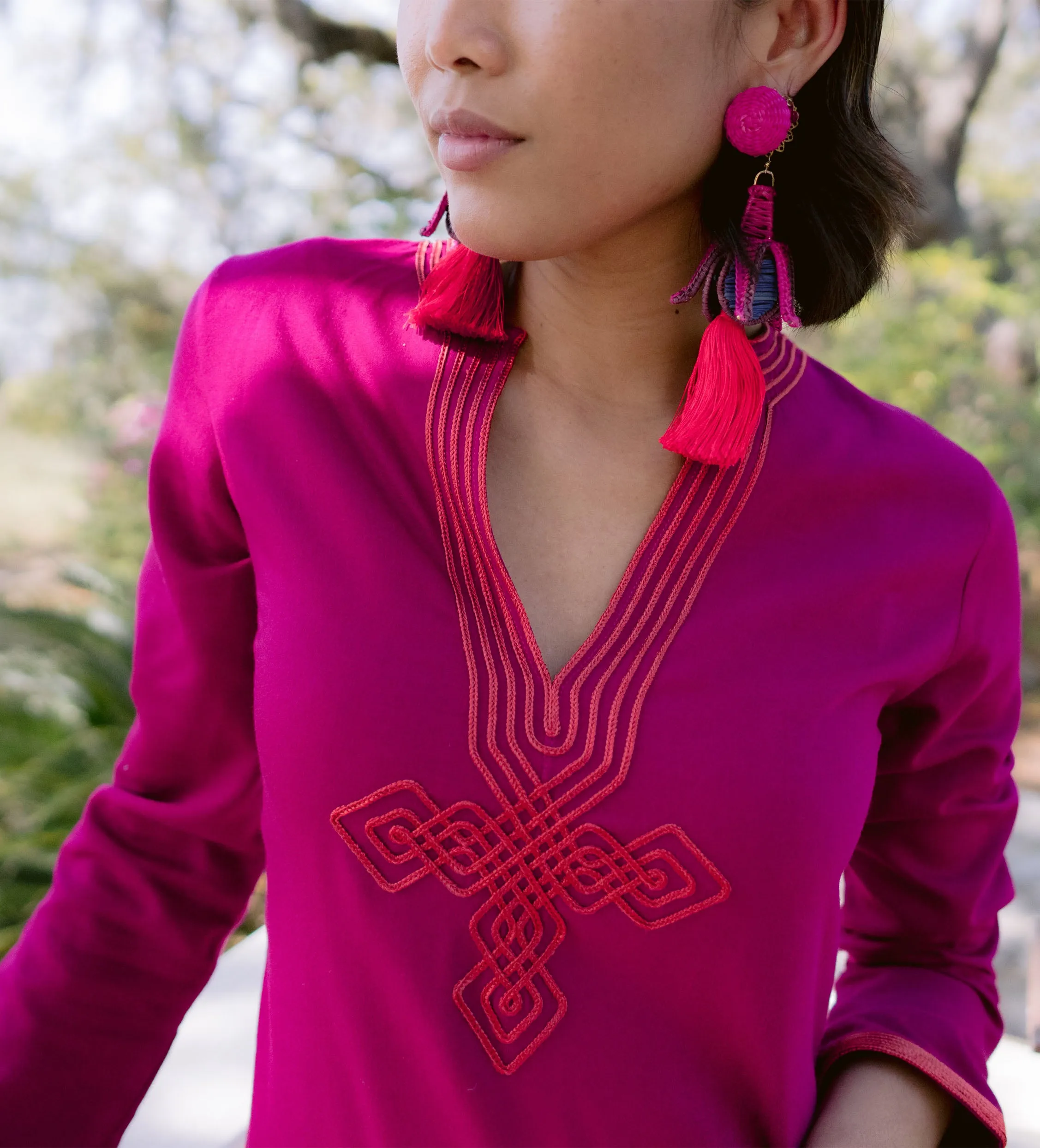 Moroccan V-Neck Slim Fit Dress: Fuchsia with Orange