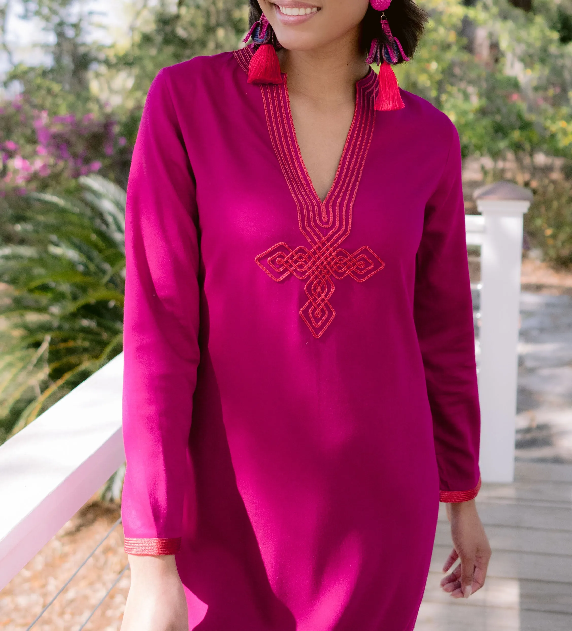 Moroccan V-Neck Slim Fit Dress: Fuchsia with Orange