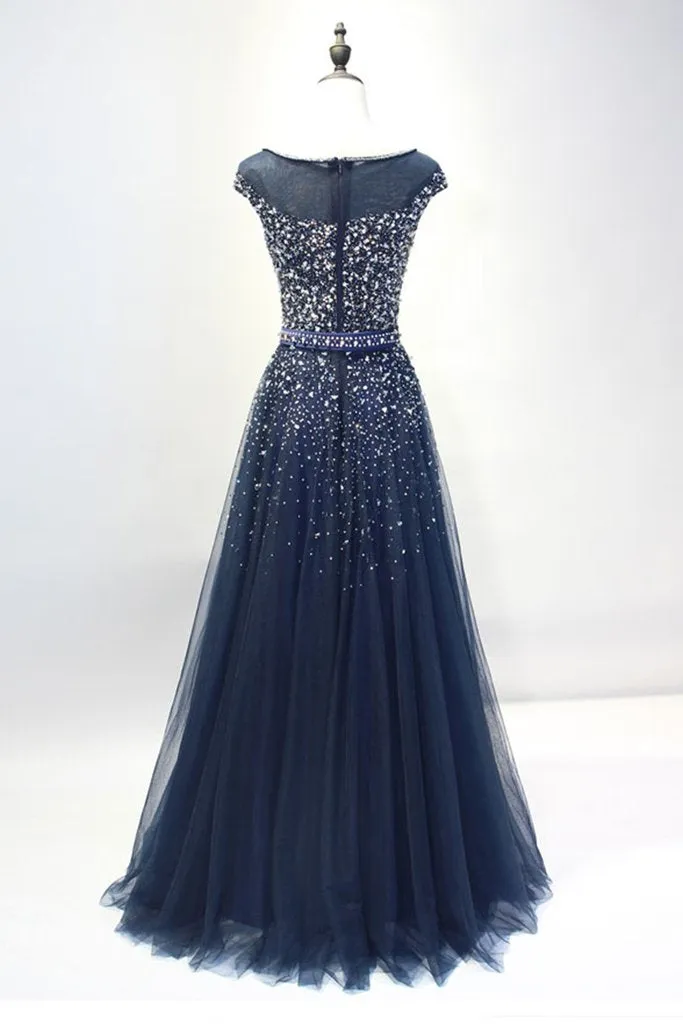 Navy Blue Shiny Sequins Round Neckline Tulle Party Dress A-line Tulle Blue Evening Dress Prom Dress