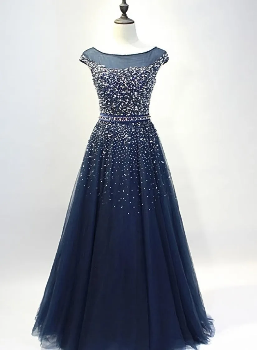 Navy Blue Shiny Sequins Round Neckline Tulle Party Dress A-line Tulle Blue Evening Dress Prom Dress