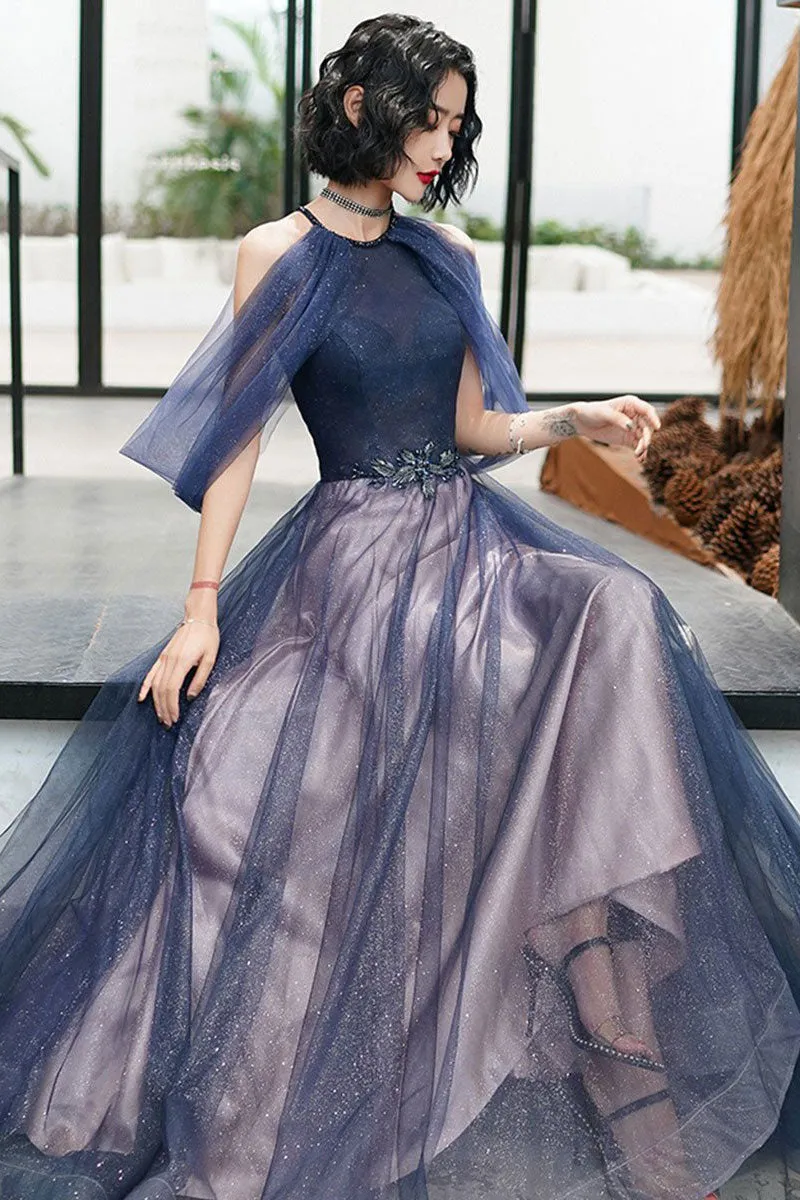 Navy Blue Tulle Long Prom Dress,Sparkly A Line Formal Dresses