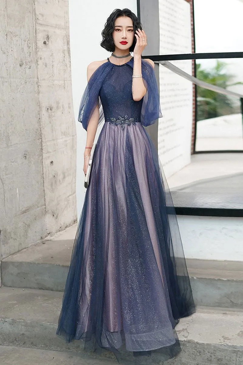 Navy Blue Tulle Long Prom Dress,Sparkly A Line Formal Dresses