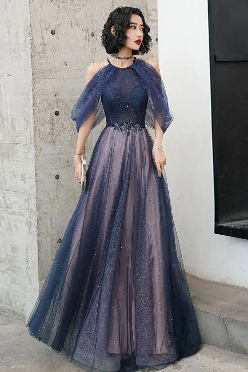 Navy Blue Tulle Long Prom Dress,Sparkly A Line Formal Dresses