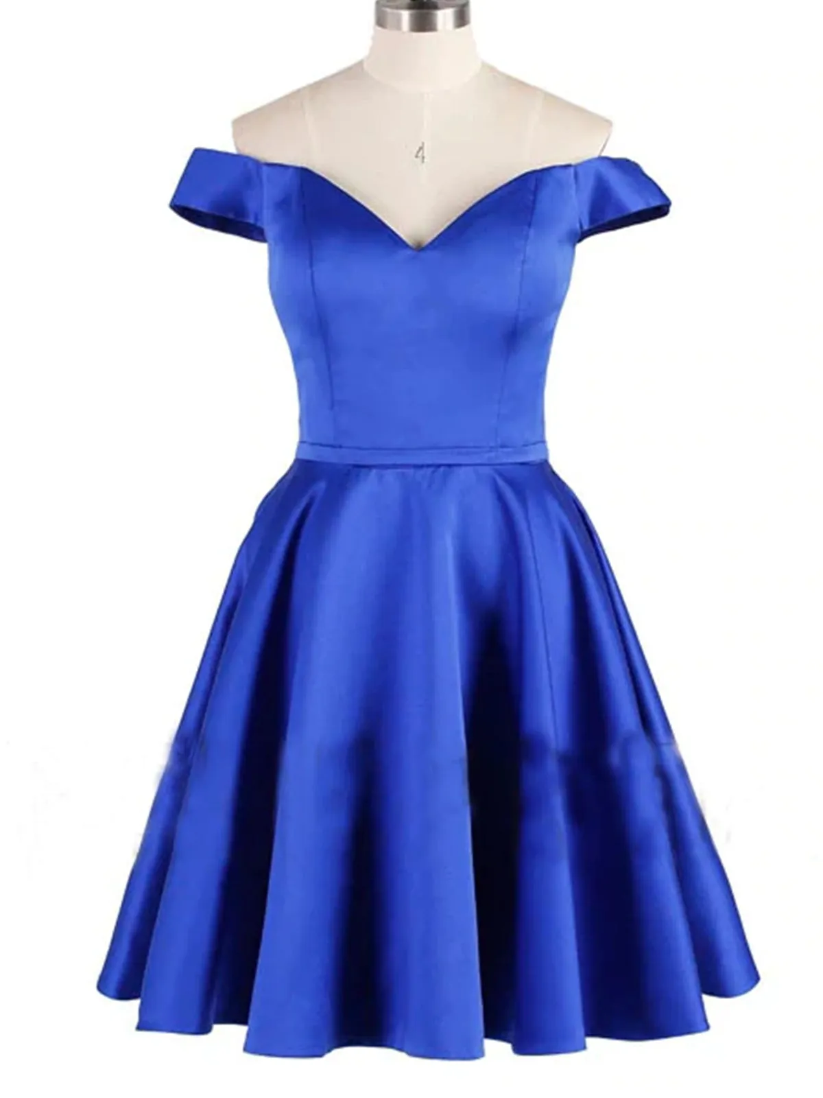 Off Shoulder Blue Satin Short Prom Dresses, Short Blue Homecoming Dresses, Blue Formal Evening Dresses