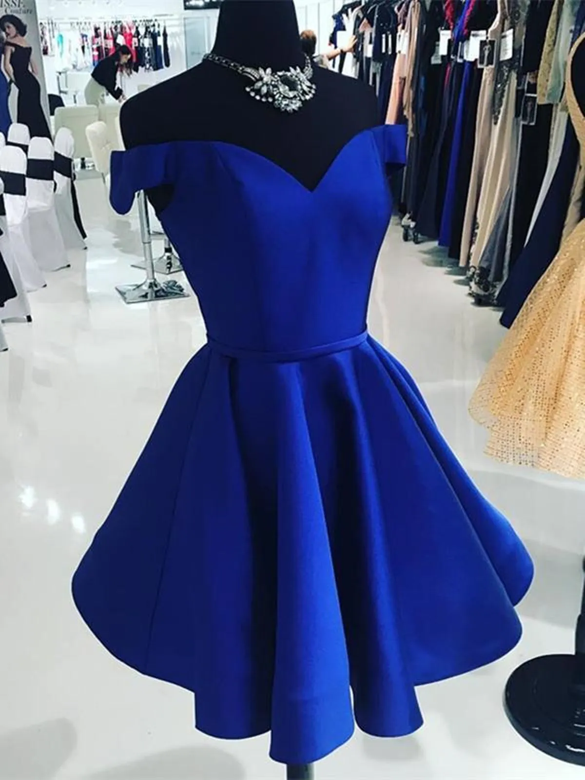 Off Shoulder Blue Satin Short Prom Dresses, Short Blue Homecoming Dresses, Blue Formal Evening Dresses