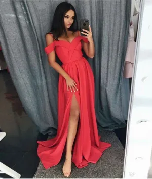 Off Shoulder Chiffon Red/Blue Long Prom Dresses with Leg Slit, Red/Blue Formal Dresses, Evening Dresses