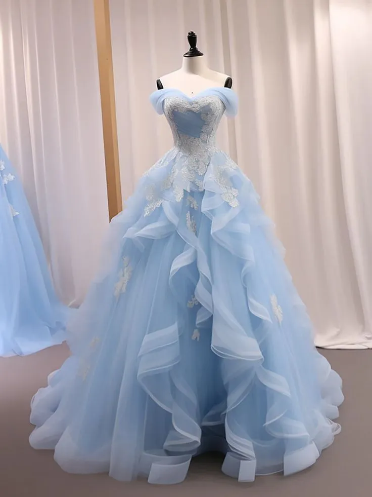 Off Shoulder Light Blue Tulle Long Prom Dresses With Lace Appliques, High Low Light Blue Formal Evening Dresses       S5422